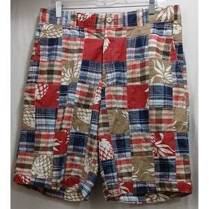 Y2K VTG Izod Patchwork Shorts Mens 34 Pineapple Preppy Coastal Plaid Quilt Indie